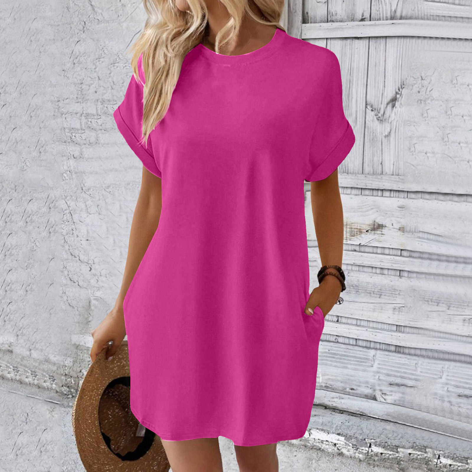 thumbnail image 3 of Vestido camiseta suave de manga corta holgado con bolsillos para mujer - Poliéster spandex, informal de verano - S-XXL, 3 of 7